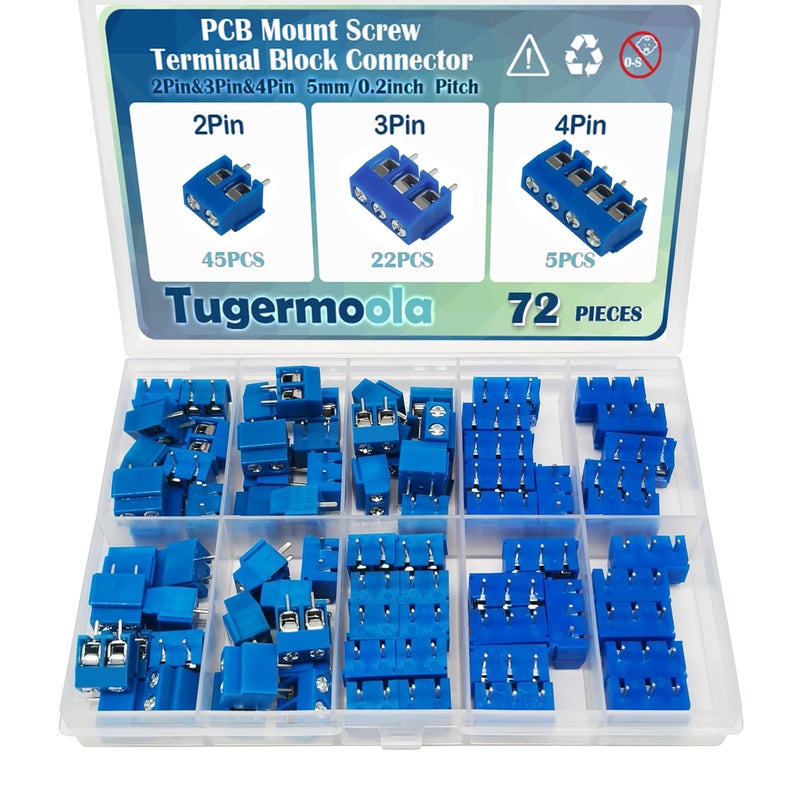 Tugermoola 72PCS 5mm/0.2inch Pitch PCB Mount Screw Terminal Block Connector 2Pin 3Pin 4Pin Circuit Board Connectors PCB Wiring Terminals Blue - Image 1